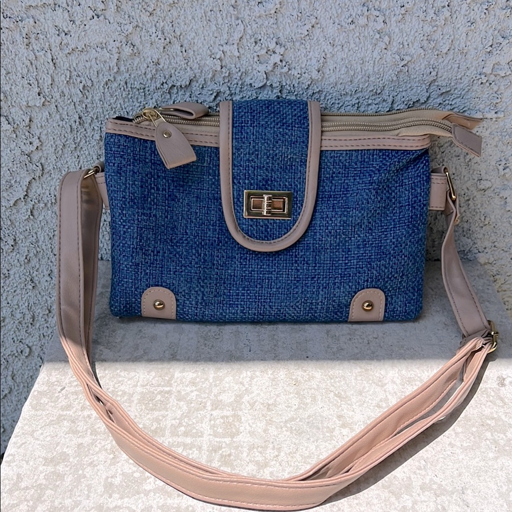 Vintage Gold Coast Blue Tweed and Tan Faux Leather Women's Crossbody Bag Purse